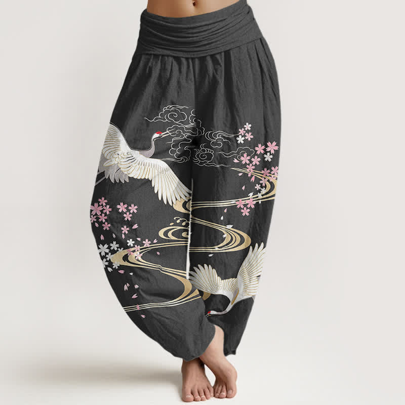 Buddha Stones Cotton Crane Sakura Pattern Women's Elastic Waist Harem Pants - DimGray - US16,UK/AU20,EU48 (3XL) - image 0