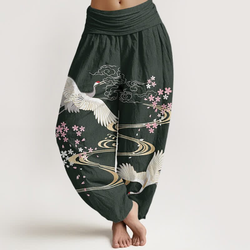 Buddha Stones Cotton Crane Sakura Pattern Women's Elastic Waist Harem Pants - DarkGreen - US16,UK/AU20,EU48 (3XL) - image 5