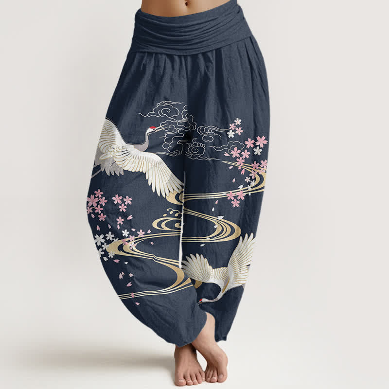 Buddha Stones Cotton Crane Sakura Pattern Women's Elastic Waist Harem Pants - Navy - US16,UK/AU20,EU48 (3XL) - image 8