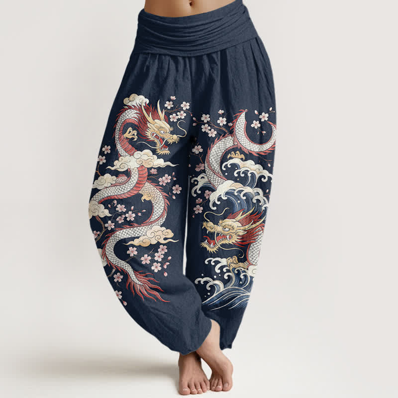 Buddha Stones Cotton Dragon Wave Blossom Pattern Women's Elastic Waist Harem Pants - Navy - US16,UK/AU20,EU48 (3XL) - image 0