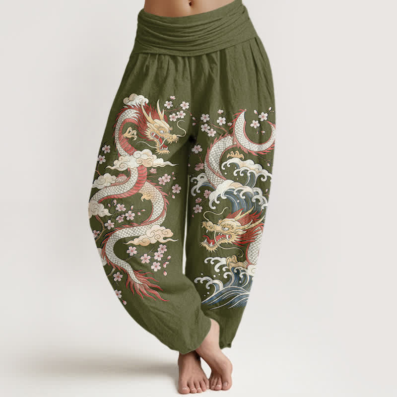 Buddha Stones Cotton Dragon Wave Blossom Pattern Women's Elastic Waist Harem Pants - OliveDrab - US16,UK/AU20,EU48 (3XL) - image 5