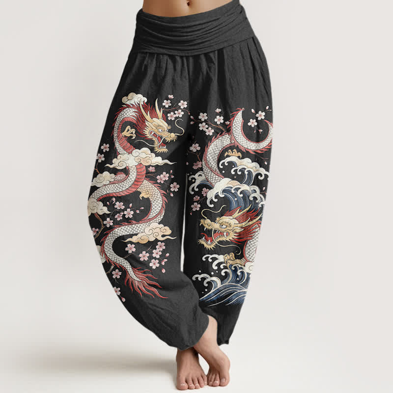 Buddha Stones Cotton Dragon Wave Blossom Pattern Women's Elastic Waist Harem Pants - Black - US16,UK/AU20,EU48 (3XL) - image 8