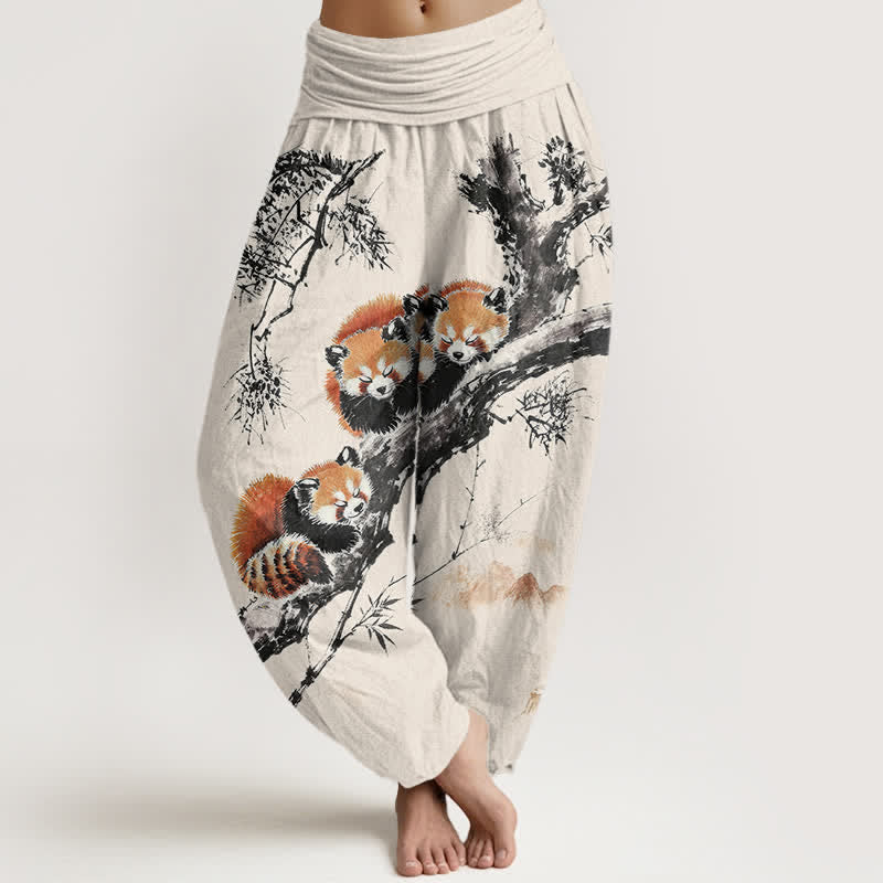 Buddha Stones Cotton Ink Bamboo Red Panda Pattern Women's Elastic Waist Harem Pants - Linen - US16,UK/AU20,EU48 (3XL) - image 0