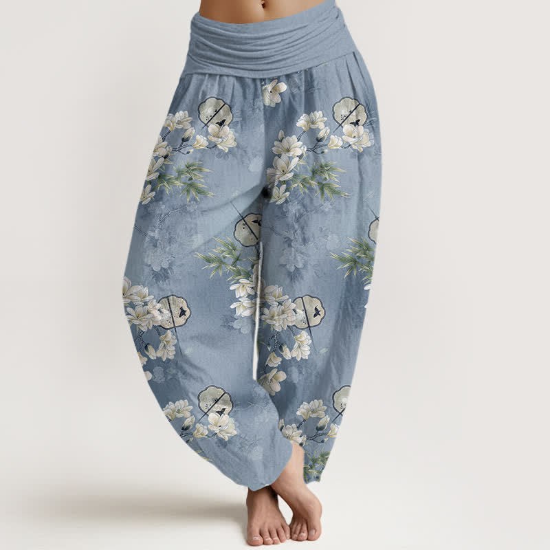 Buddha Stones Cotton Fans White Blossom Leaf Pattern Women's Elastic Waist Harem Pants - LightSkyBlue - US16,UK/AU20,EU48 (3XL) - image 0