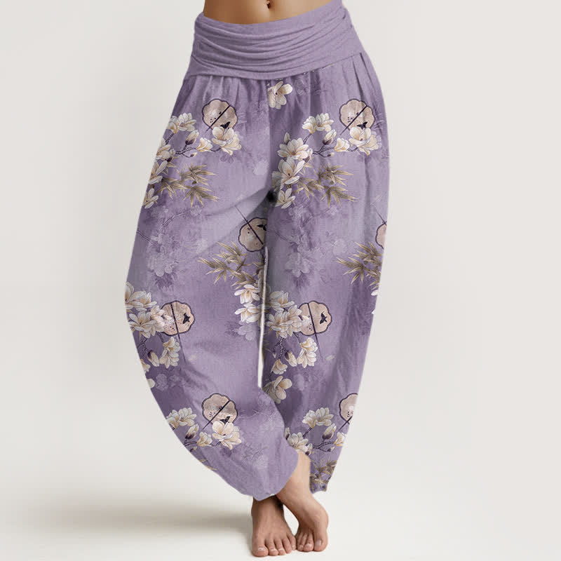 Buddha Stones Cotton Fans White Blossom Leaf Pattern Women's Elastic Waist Harem Pants - MediumPurple - US16,UK/AU20,EU48 (3XL) - image 5