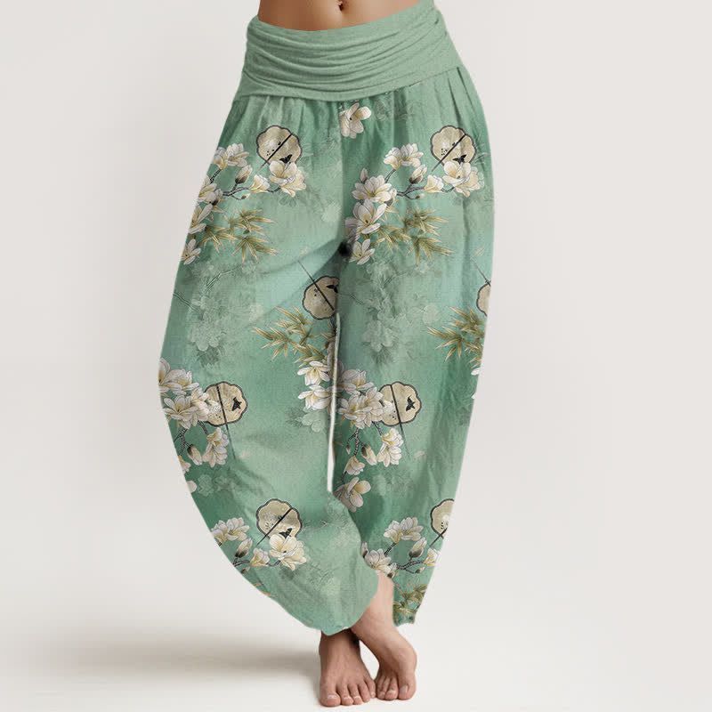 Buddha Stones Cotton Fans White Blossom Leaf Pattern Women's Elastic Waist Harem Pants - Aquamarine - US16,UK/AU20,EU48 (3XL) - image 8