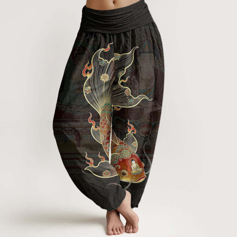 Buddha Stones Cotton Koi Fish Guanyin Pattern Women's Elastic Waist Harem Pants - Black - US16,UK/AU20,EU48 (3XL) - image 0