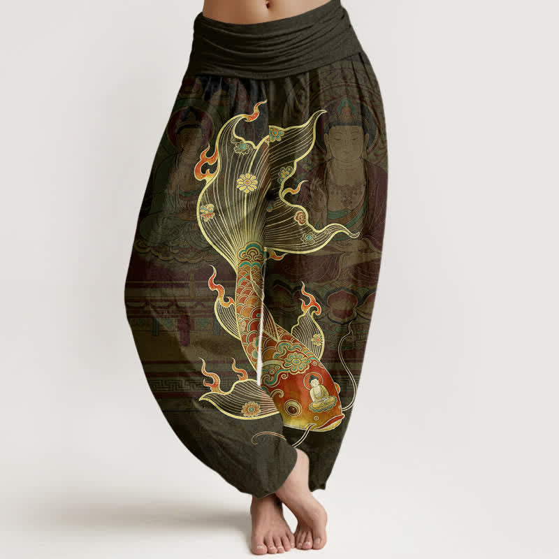 Buddha Stones Cotton Koi Fish Guanyin Pattern Women's Elastic Waist Harem Pants - Olive - US16,UK/AU20,EU48 (3XL) - image 5