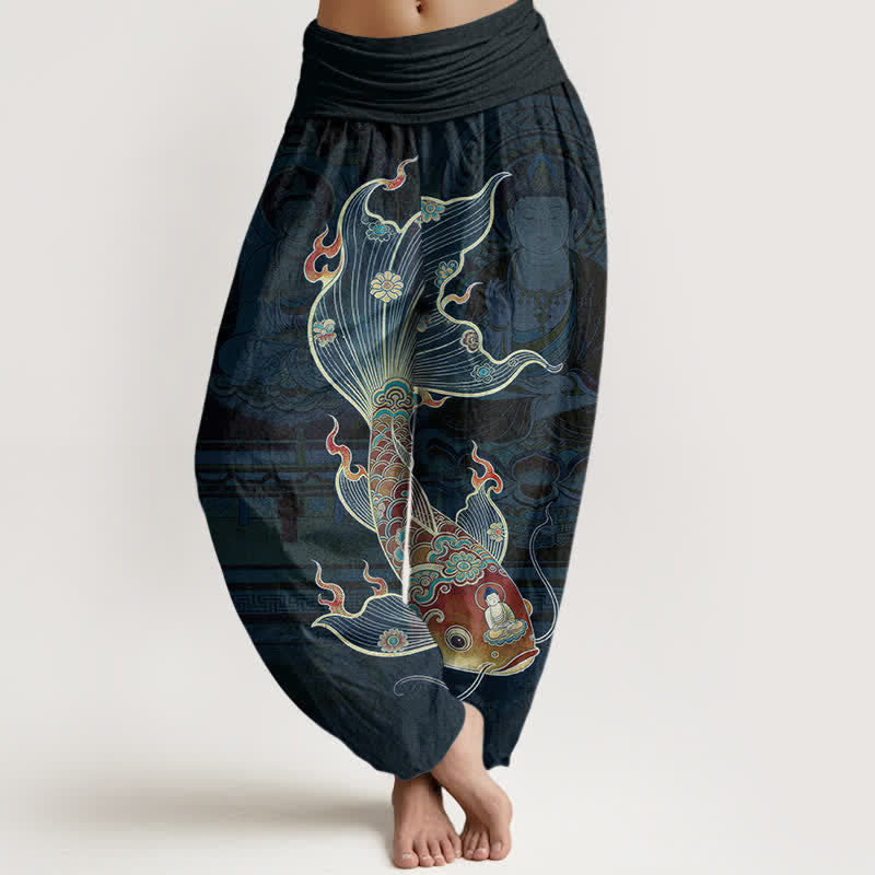 Buddha Stones Cotton Koi Fish Guanyin Pattern Women's Elastic Waist Harem Pants - Navy - US16,UK/AU20,EU48 (3XL) - image 8