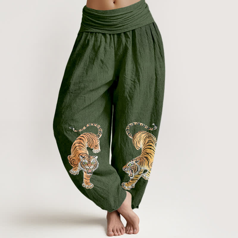 Buddha Stones Cotton Majestic Tiger Pattern Women's Elastic Waist Harem Pants - ForestGreen - US16,UK/AU20,EU48 (3XL) - image 0