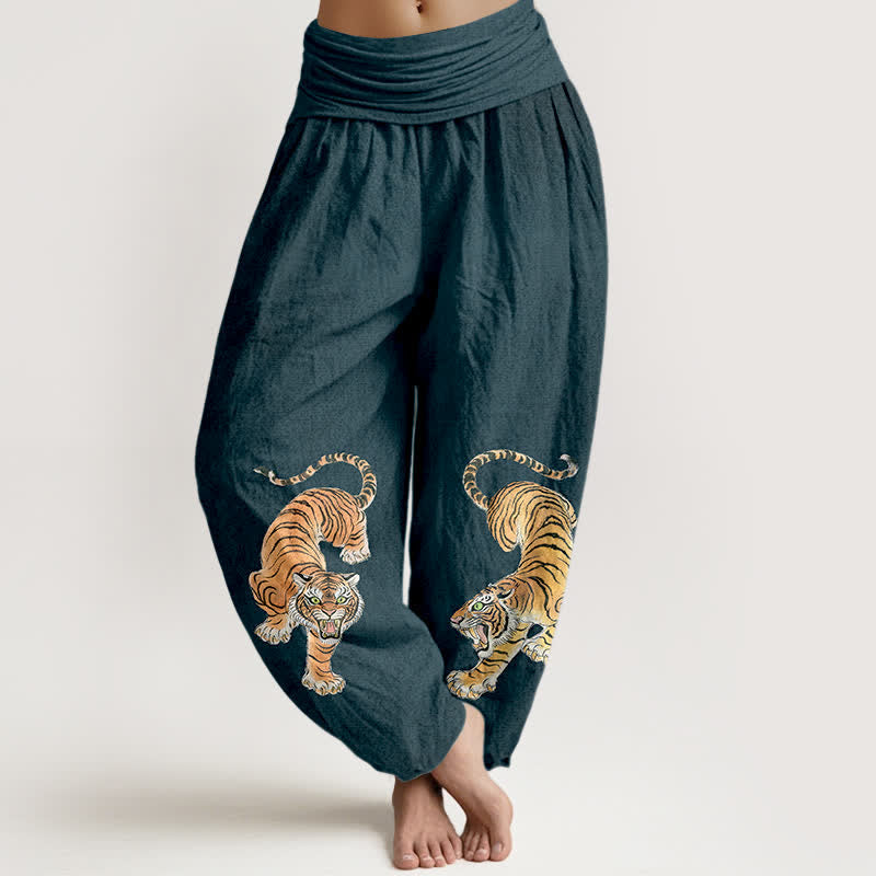 Buddha Stones Cotton Majestic Tiger Pattern Women's Elastic Waist Harem Pants - SteelBlue - US16,UK/AU20,EU48 (3XL) - image 5