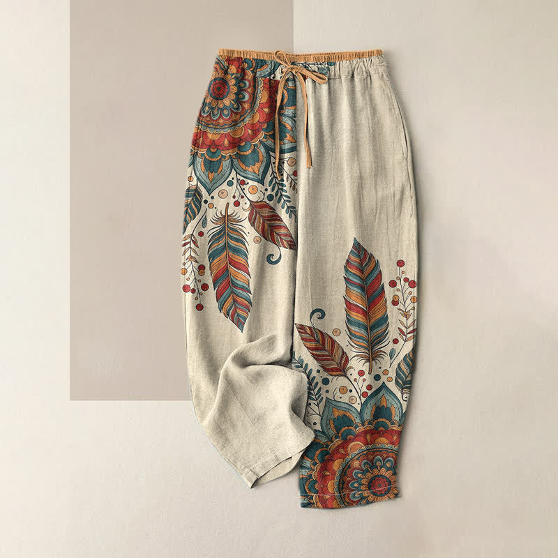 Buddha Stones Pure Cotton Elegant Bohemian Floral Pattern Women's Elastic Waist Pants With Pockets - Red - US16,UK/AU20,EU48 (3XL) - image 0