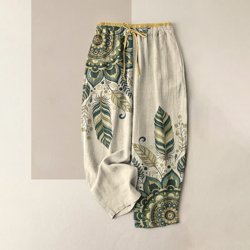 Buddha Stones Pure Cotton Elegant Bohemian Floral Pattern Women's Elastic Waist Pants With Pockets - Green - US16,UK/AU20,EU48 (3XL) - image 3