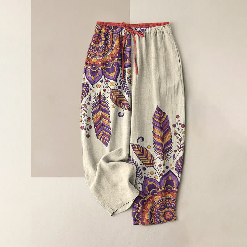 Buddha Stones Pure Cotton Elegant Bohemian Floral Pattern Women's Elastic Waist Pants With Pockets - DarkOrchid - US16,UK/AU20,EU48 (3XL) - image 4
