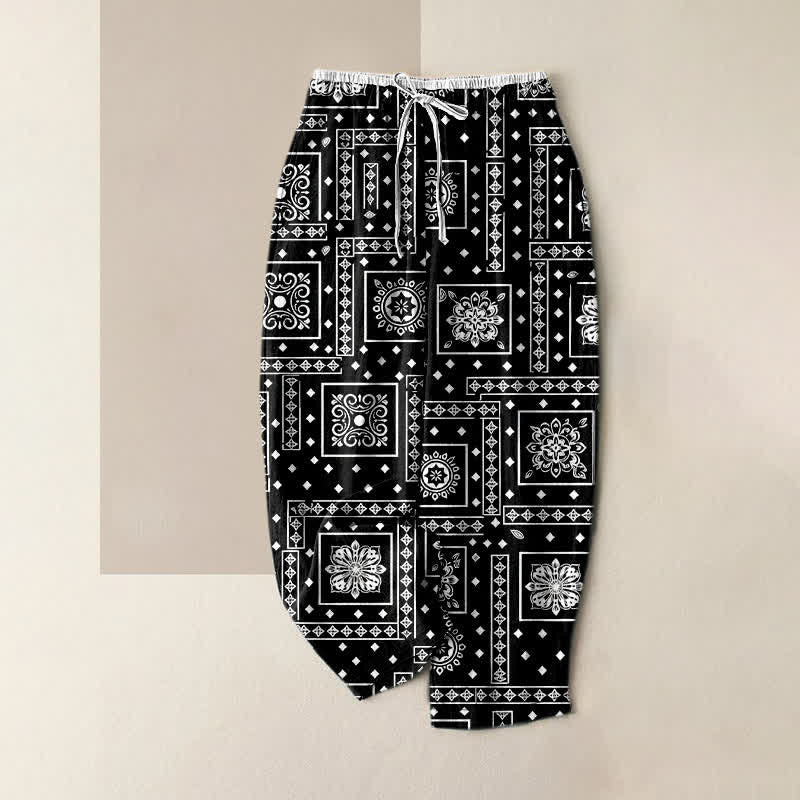 Buddha Stones Pure Cotton Vintage Bandana Patchwork Pattern Women's Elastic Waist Pants With Pockets - Black - US16,UK/AU20,EU48 (3XL) - image 0