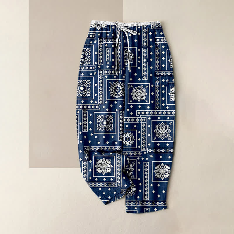 Buddha Stones Pure Cotton Vintage Bandana Patchwork Pattern Women's Elastic Waist Pants With Pockets - Navy - US16,UK/AU20,EU48 (3XL) - image 4