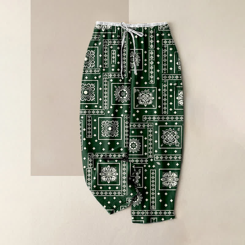 Buddha Stones Pure Cotton Vintage Bandana Patchwork Pattern Women's Elastic Waist Pants With Pockets - ForestGreen - US16,UK/AU20,EU48 (3XL) - image 5