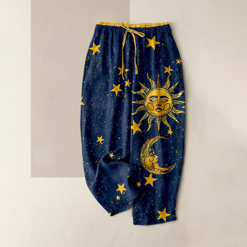 Buddha Stones Pure Cotton Mystic Moon Sun Pattern Women's Elastic Waist Pants With Pockets - Navy - US16,UK/AU20,EU48 (3XL) - image 0