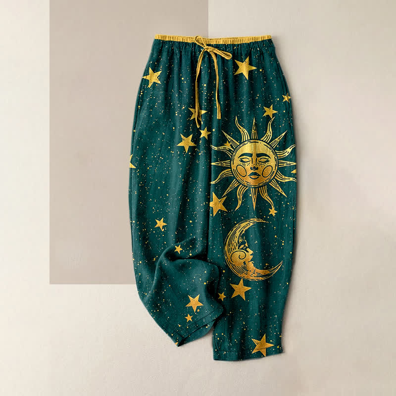 Buddha Stones Pure Cotton Mystic Moon Sun Pattern Women's Elastic Waist Pants With Pockets - Teal - US16,UK/AU20,EU48 (3XL) - image 4