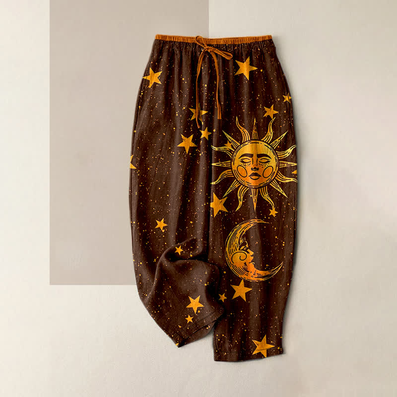 Buddha Stones Pure Cotton Mystic Moon Sun Pattern Women's Elastic Waist Pants With Pockets - SaddleBrown - US16,UK/AU20,EU48 (3XL) - image 5