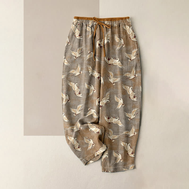 Buddha Stones Pure Cotton Graceful Crane Pattern Women's Elastic Waist Pants With Pockets - Tan - US16,UK/AU20,EU48 (3XL) - image 3