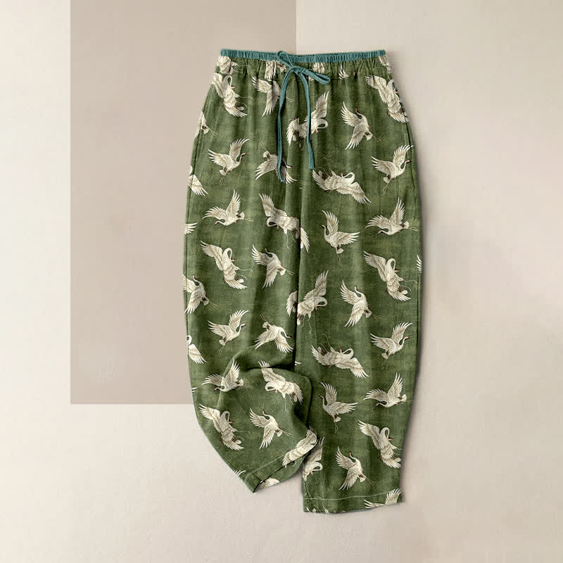 Buddha Stones Pure Cotton Graceful Crane Pattern Women's Elastic Waist Pants With Pockets - OliveDrab - US16,UK/AU20,EU48 (3XL) - image 4