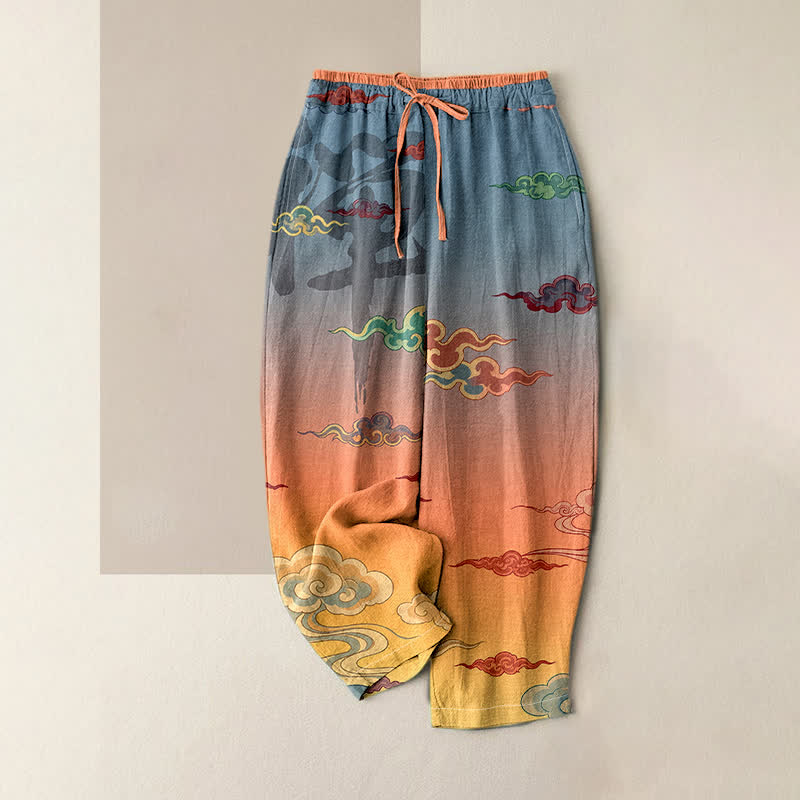 Buddha Stones Pure Cotton Traditional Cloud Pattern Women's Elastic Waist Pants With Pockets - Coral - US16,UK/AU20,EU48 (3XL) - image 0