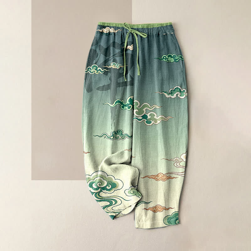 Buddha Stones Pure Cotton Traditional Cloud Pattern Women's Elastic Waist Pants With Pockets - MediumAquamarine - US16,UK/AU20,EU48 (3XL) - image 3