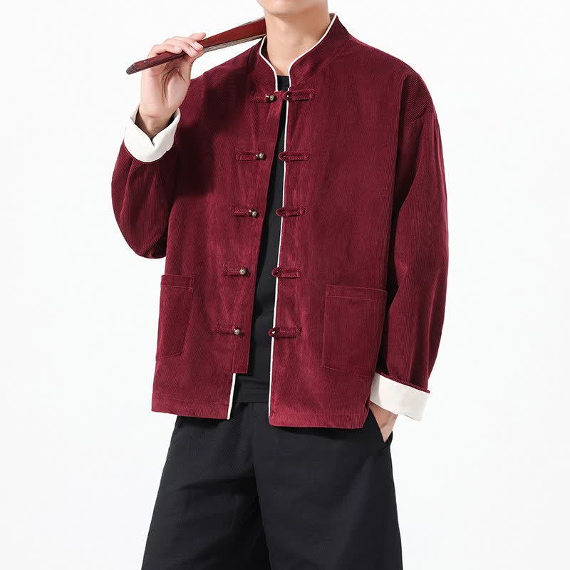 Buddha Stones Fall Winter Vintage Tang Style Frog Button Solid Corduroy Men's Jackets With Pockets - Maroon - US/UK/AU46,EU56 (5XL) - image 0