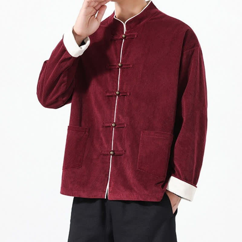 Buddha Stones Fall Winter Vintage Tang Style Frog Button Solid Corduroy Men's Jackets With Pockets - image 2