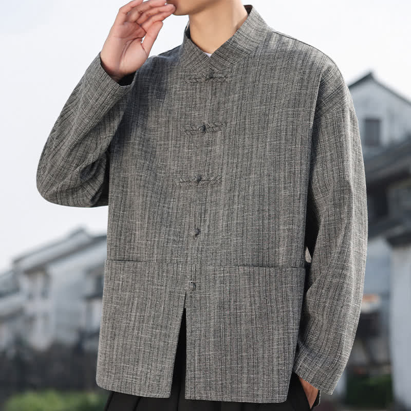 Buddha Stones Fall Winter Tang Style Casual Frog Button Solid Men's Jacket With Pockets - Gray - US/UK/AU46,EU56 (5XL) - image 0