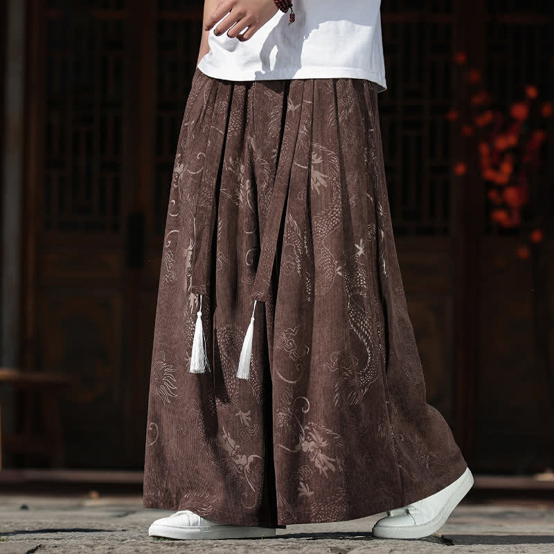 Buddha Stones Fall Winter Vintage Drawstring Dragon Ankle Pants Men's Wide Leg Pants With Pockets - SaddleBrown - US/UK/AU46,EU56 (5XL) - image 0