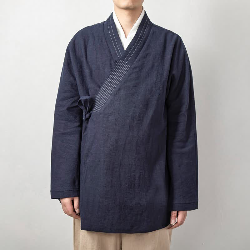 Buddha Stones Fall Tang Style Vintage Drawstring Solid Ramie Men's Kimonos - Navy - US/UK/AU44,EU54 (4XL) - image 1