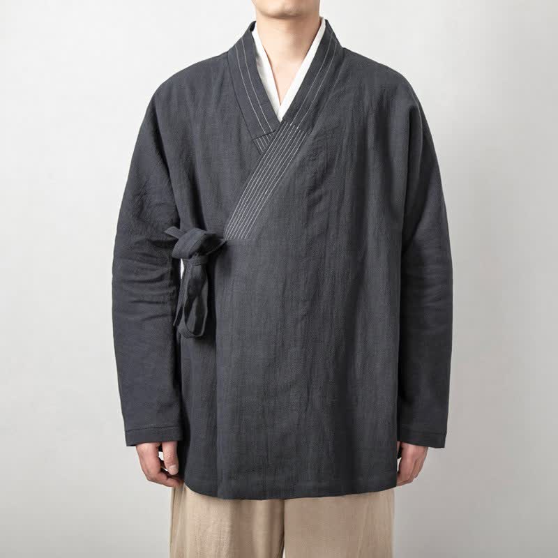 Buddha Stones Fall Tang Style Vintage Drawstring Solid Ramie Men's Kimonos - LightSlateGray - US/UK/AU44,EU54 (4XL) - image 0