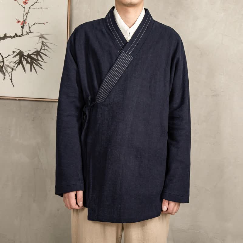 Buddha Stones Fall Tang Style Vintage Drawstring Solid Ramie Men's Kimonos - Black - US/UK/AU44,EU54 (4XL) - image 2