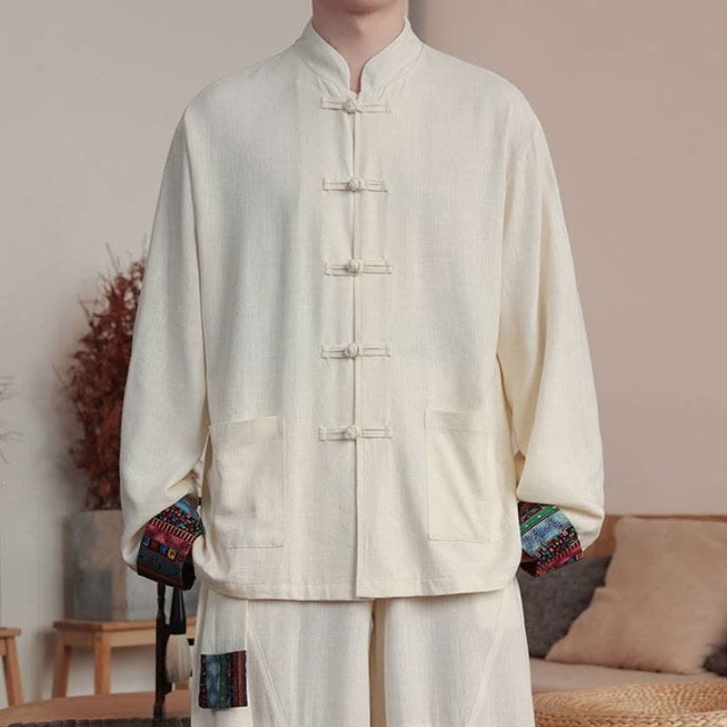 Buddha Stones Fall Tang Style Casual Frog Button Solid Cotton Linen Men's Long Sleeve Shirts With Pocket - AntiqueWhite - US/UK/AU46,EU56 (5XL) - image 12
