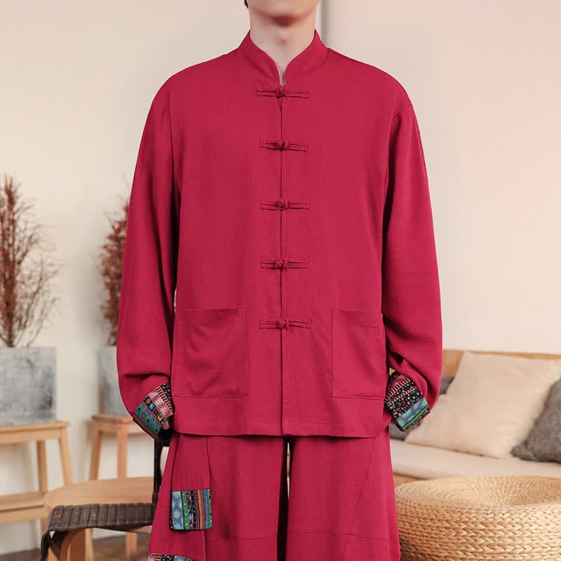 Buddha Stones Fall Tang Style Casual Frog Button Solid Cotton Linen Men's Long Sleeve Shirts With Pocket - Crimson - US/UK/AU46,EU56 (5XL) - image 8