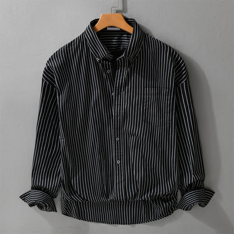 Buddha Stones Spring Fall Casual Button-Up Striped Cotton Men's Long Sleeve Shirts With Pocket - Black - US/UK/AU42,EU52 (3XL) - image 0