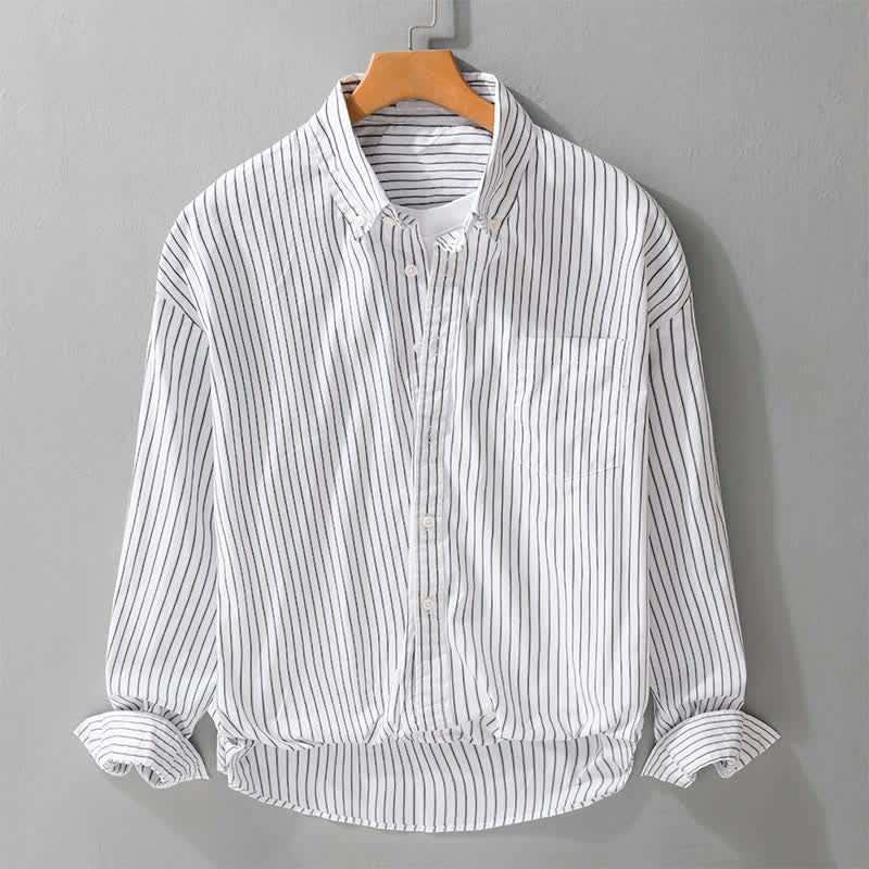 Buddha Stones Spring Fall Casual Button-Up Striped Cotton Men's Long Sleeve Shirts With Pocket - White - US/UK/AU42,EU52 (3XL) - image 5