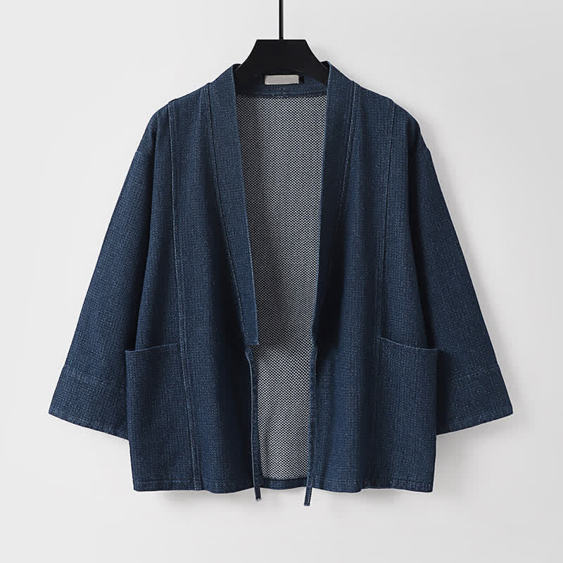Buddha Stones Fall Casual Minimalist Drawstring Solid Cotton Linen Men's Kimonos With Pocket - Navy - US/UK/AU54,EU64 (9XL) - image 0