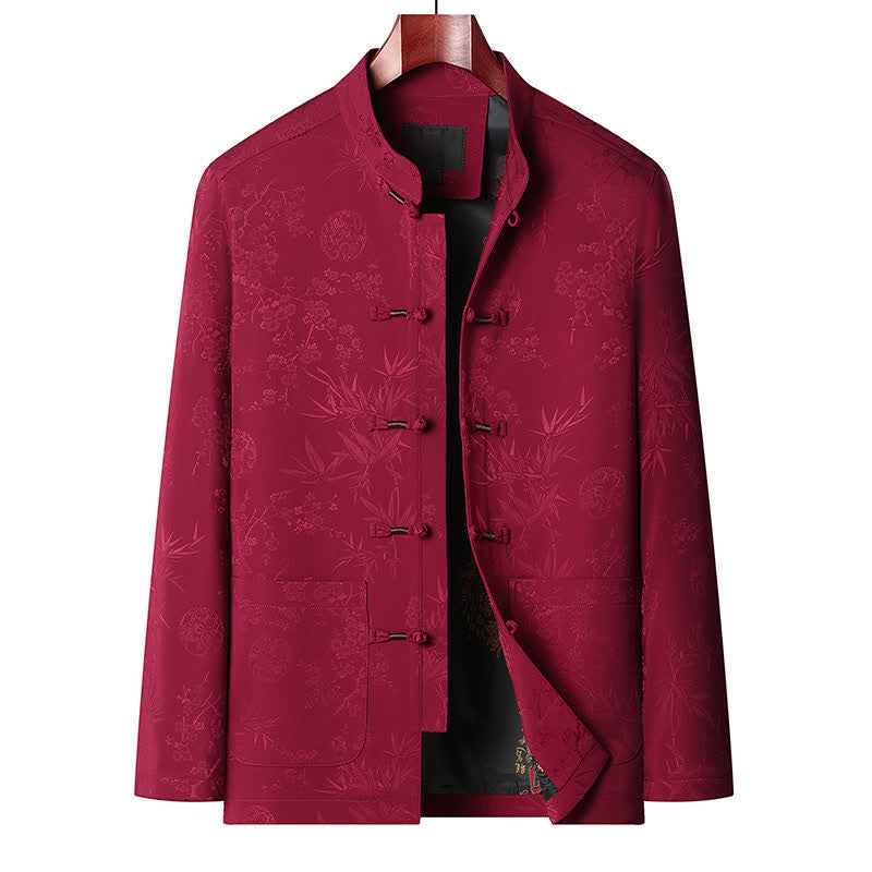 Buddha Stones Fall Winter Tang Style Vintage Mandarin Collar Frog Button Floral Men's Meditation Cloth With Pocket - Red top - US/UK/AU44,EU54 (4XL) - image 1
