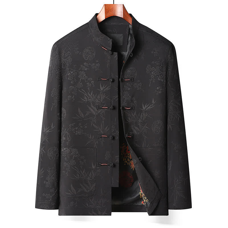 Buddha Stones Fall Winter Tang Style Vintage Mandarin Collar Frog Button Floral Men's Meditation Cloth With Pocket - Black top - US/UK/AU44,EU54 (4XL) - image 3