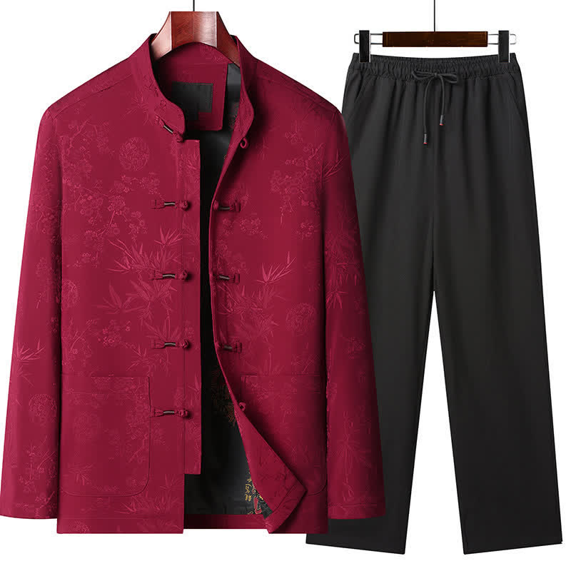 Buddha Stones Fall Winter Tang Style Vintage Mandarin Collar Frog Button Floral Men's Meditation Cloth With Pocket - Red set - US/UK/AU44,EU54 (4XL) - image 0