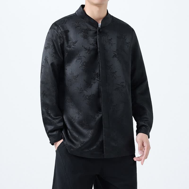 Buddha Stones Fall Vintage Tang Style Mandarin Collar Floral Men's Long Sleeve Shirts - Black - US/UK/AU46,EU56 (5XL) - image 0