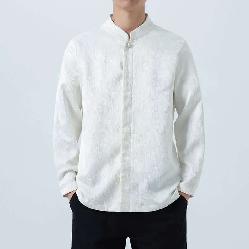 Buddha Stones Fall Vintage Tang Style Mandarin Collar Floral Men's Long Sleeve Shirts - WhiteSmoke - US/UK/AU46,EU56 (5XL) - image 12