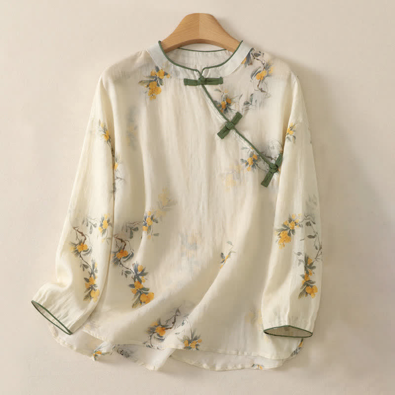Buddha Stones Summer Tang Style Vintage Mandarin Collar Yellow Loquat Floral Tank Top Women's Sleeveless Shirts - Beige - Long Sleeve - US12,UK/AU16,EU44 (2XL) - image 11
