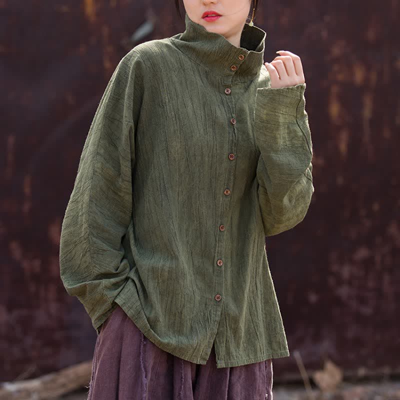 Buddha Stones Spring Fall Casual Tang Style Mandarin Collar Solid Ramie Women's Long Sleeve Shirts - DarkOliveGreen - US4-8/10,UK/AU8-12/14,EU36-40/42 (F) - image 5