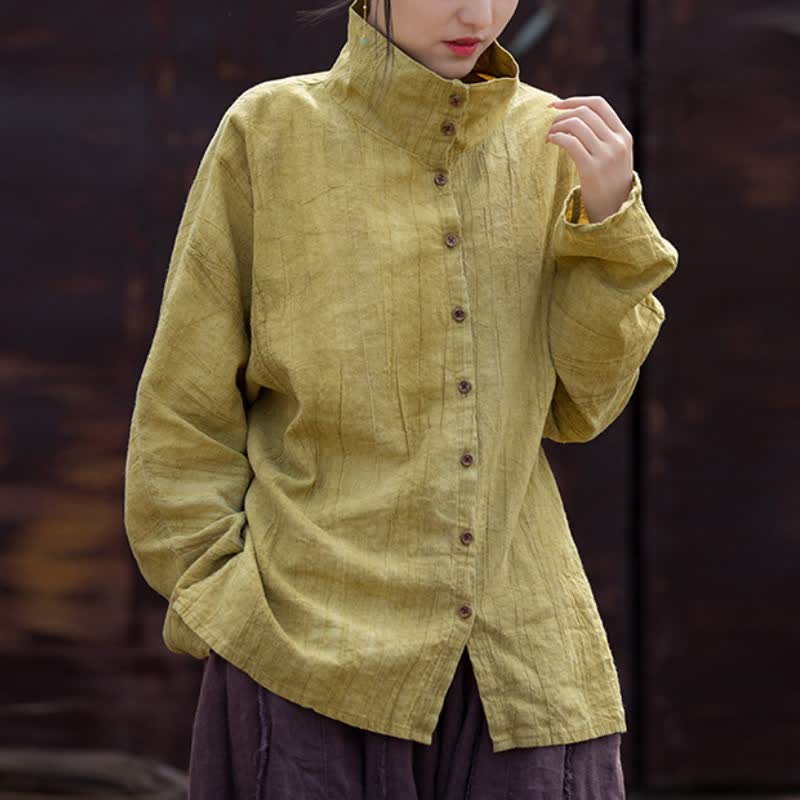 Buddha Stones Spring Fall Casual Tang Style Mandarin Collar Solid Ramie Women's Long Sleeve Shirts - DarkKhaki - US4-8/10,UK/AU8-12/14,EU36-40/42 (F) - image 0