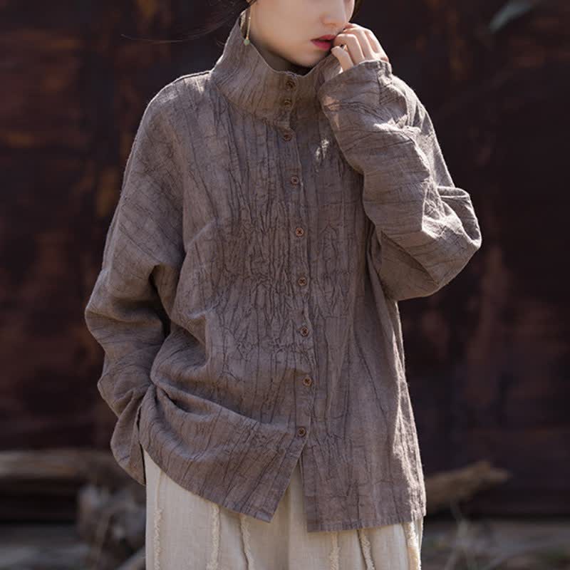 Buddha Stones Spring Fall Casual Tang Style Mandarin Collar Solid Ramie Women's Long Sleeve Shirts - Thistle - US4-8/10,UK/AU8-12/14,EU36-40/42 (F) - image 8