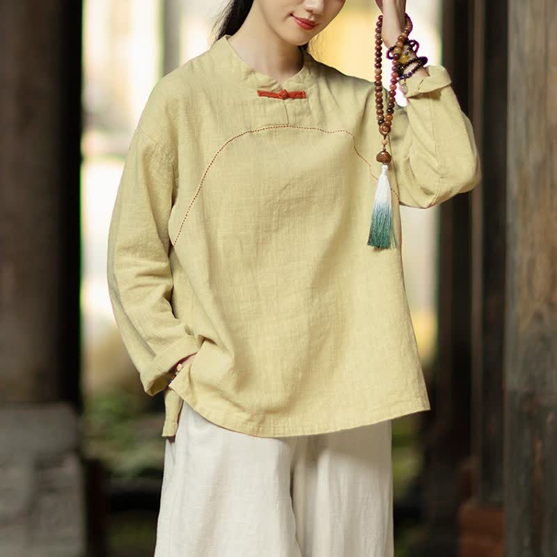 Buddha Stones Spring Fall Casual Tang Style Frog Button Solid Ramie Women's Long Sleeve Shirts With Pocket - Khaki - US4-6,UK/AU8-10,EU36-38 (F) - image 5